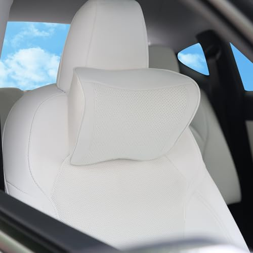 Dapucarin Cuscino Poggiatesta Auto Memory Foam in Pelle, Ergonomico Pillow Ortopedico per Collo per Cervicale, Supporto Testa Seggiolino Auto per Guida, Viaggi, Casa e Ufficio, Bianco, 1 Pezzo