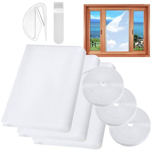 Fly Screens for Windows, 3 Pack Self-Adhesives Window Netting for Insects, DIY Cut to Size Bug Mosquito Net, 130x150CM Window Screen White Window Mesh Insect Screen Curtain, Fitted to Multiple Windows