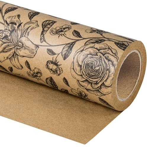 RUSPEPA Rollo de papel de regalo floral Kraft - Mini rollo - - Papel de regalo de flores negras vintage para cumpleaños, despedida de soltera, boda, baby shower – 43,2cm x 10m