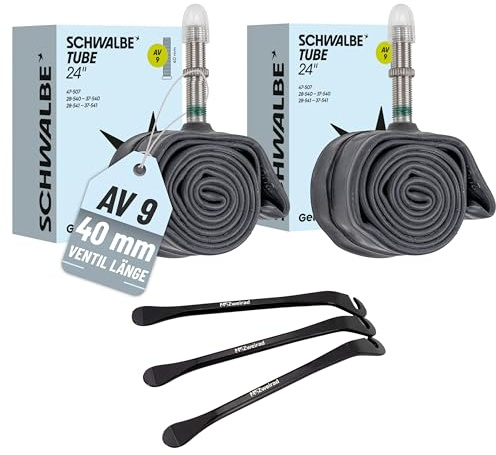 Uppsättning av 2 Schwalbe cykelslang AV9 40 mm 24 tum (28/47–507/541) inklusive 3 MS-tvåhjulingar metall däcklyftare
