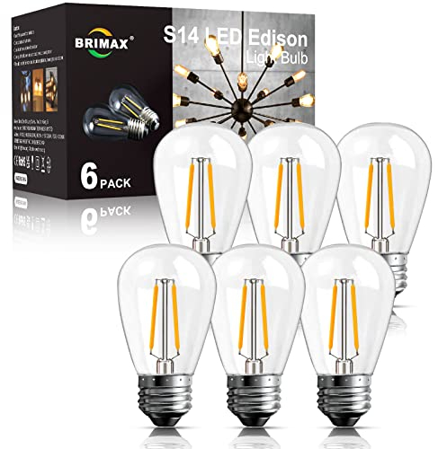 BRIMAX E27 LED Warmweiss S14 2W=20W 180lM Birnen Filamentstil Glühbirne E27 2700K Warmweiß Klar Glas LED lampe Ersatzlampen für Lichterkette, Kronleuchter, Nachttischlampe, 6er-Set nicht dimmbar