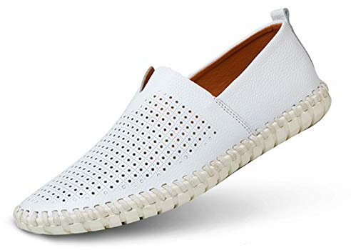 Men's Genuine Leather Loafer Shoes Slip On Soft Walking Shoes Perforated Driving Shoes,Holing White,40EU=8 M US
