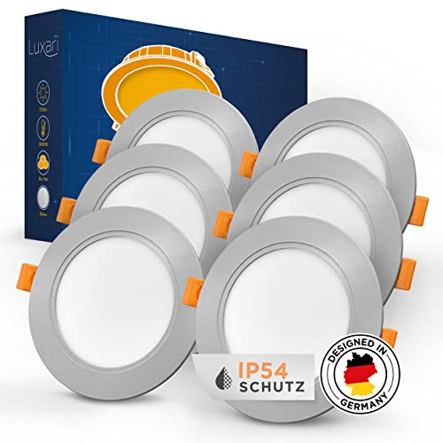 Luxari LED Einbaustrahler 230V flach [6er Set 9W] – IP54 Deckenstrahler für Bad – 3000K Warmweiß, 900lm, 90-105mm, LED Einbauleuchten Spots