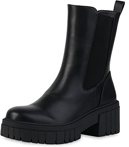 VAN HILL Damen Stiefeletten Plateau Boots Blockabsatz Schuhe Profilsohle Stiefel Leder-Optik Kurzschaft-Stiefel 201136 Schwarz 39