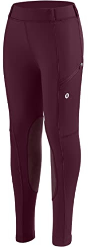SANTINY Girls Horse Riding Pants with Zipper Pockets Kids Stretchy Equestrian Breeches Knee-Patch Youth Schooling Tights (Wine_M)