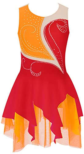 dPois Enfant Fille Robe Patinage Artistique Strass sans Manche Justaucorps Gymnastique Brillant Robe Danse Classique Tenue Gym Sport Costume Spectacle 5-16 Ans Rouge 9-10 Ans