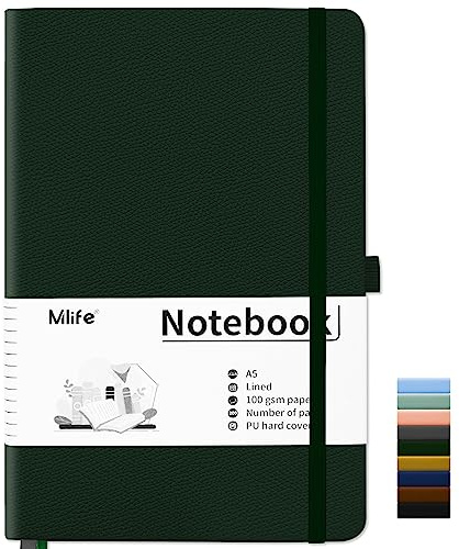 Mlife A5 Linjerad Anteckningsbok, Anteckningsbok med 200 Sidor, Tjockt 100 G/M² Bläckbeständigt Papper, Anteckningsbok med Pu-Hårt Omslag, Innerficka, Elastiskt Band, Bullet Journal & Dagbok (grön)