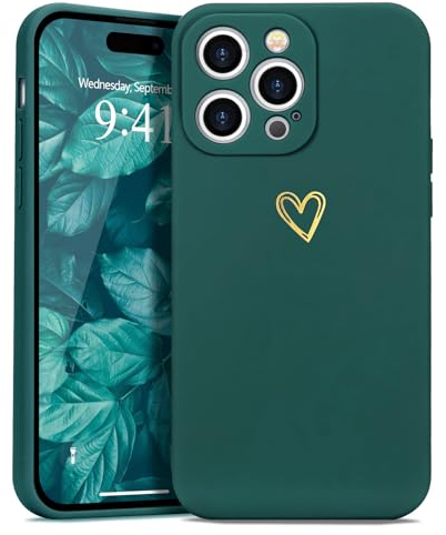 Wirvyuer Kompatibel mit iPhone 15 Pro Max Handyhülle Mädchen Hülle Gold Liebesherz Weich Silikon Case Süßes Gold Love Slim Stoßfest Schutzhülle für iPhone 15 Pro Max Dunkelgrün