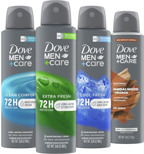 Dove Men+Care Dry Spray Antiperspirant Variety 4-Pack – Scented, Non-Irritating with Vitamin E, 72H Sweat & Odor Protection, 3.8 Oz Ea
