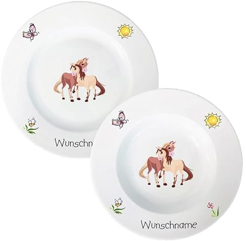 Kindergeschirr Speiseservice 2-tlg. Suppenteller und Speiseteller Kinder Service Set aus Porzellan personalisierbar mit Wunschname Name Kindergeschirr mit Namen personalisiert (Pferde 2)