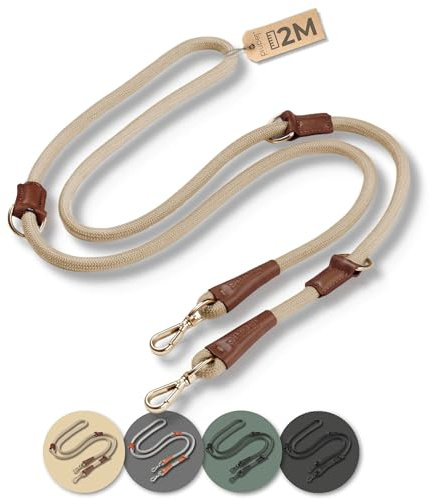 PiuPet® Guinzaglio per Cani 2m | 3 Posizioni | Doppio per Taglia Grande e Piccola | Addestramento (Beige)