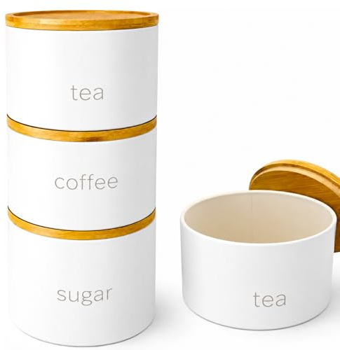 SAFRI 3 Pieces Jar with Wooden Lid Tea Coffee Sugar Canister Storage Container Bowl Pots Kitchen Storage Tins (White)
