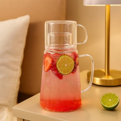 Eden & Willow Borosilicate Glass Water Jug and Cup Set with Lid - 1.2L Pitcher with Handle | Glass Carafe for Fridge, & Bedroom | Suitable for Serving Hot & Cold Beverages