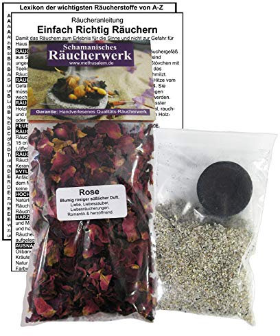Rose Rosenblüten zum RÄUCHERN. 5-TLG Räucherset - 120ml Räucherwerk mit Räucherkohle (1x) + Räuchersand + Räucheranleitung + Lexikon der wichtigsten Räucherstoffe A-Z. 82060-71