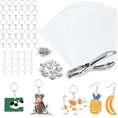 Flearitzo 181 Stück Schrumpffolie Set - Schrumpfplastik Set Schrumpffolie zum Basteln mit Schrumpfkunstpapier Locher, Ohrhaken, Broschen und Schlüsselanhänger für DIY für Kinder