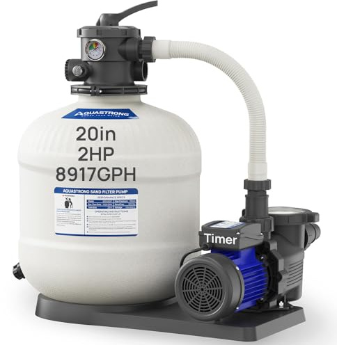 AQUASTRONG Sand Filter Pump for Above Ground Pool with Timer, Pool Pumps Above Ground, Pool Filter With 6-Way Valve, Improved Circulation and Filtration, 20in, Up to 38000 GAL
