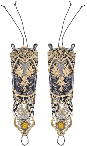 GORGECRAFT 2 Paire Gants sans Doigts en Bronze pour Femme Vintage Gothique Floral Dentelle Steampunk Long Bracelet Perles Gants Faits à la Main Bracelet de Mariée Bague Manchette Halloween Cosplay
