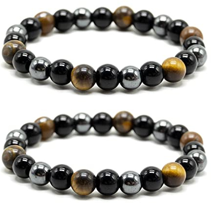 2 Piezas Pulsera Triple protección, 8 mm Ojo Tigre, Cuentas Hematita y Obsidiana Negra, Equilibrio piedras preciosas,Trae suerte y prosperidad,Pulsera Cuentas Triple,Para Familia