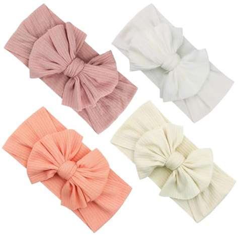 4 Stück Rosa/Weiß/Beige/Pfirsich Stirnband Baby Mädchen,Geschenk,Haarband,Cotton Stirnbänder,Headbands,High Elastisches,Haarschmuck,Weiches,Schleifen Haarbänder,Neugeborene Kleinkinder Babyschmuck