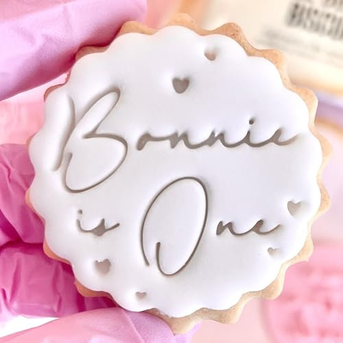 Customised Birthday Fondant Stamp Embosser, fits M&S Biscuits Cookies Personalised to Any Name Age 1st First Reusable Cake Decorating Cupcakes Biscuits Cookies Marks and Spencers with Free Cutter