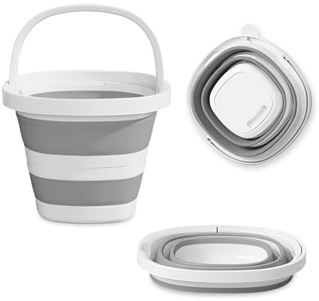 Lvjkes Cubo Plegable, 10 litros Gran Capacidad Cubo plastico con asa, Robusto y Duradero, Ahorra Espacio, Fácil de Transportar, Adecuado para Limpieza, Camping, Pesca, Viajes (Blanco Gris)