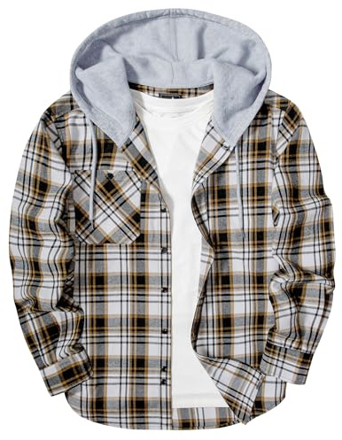 SwissWell Camisas Franela para Hombre Manga Larga Camisa a Cuadros con Capucha Camisa de Trabajo Leñador con Bolsillo,D122 Marrón Blanco,XL