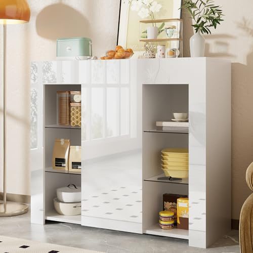 TIZZ Moderno buffet blanco 95 x 35 x 83 cm con frente brillante solución de almacenamiento compacta elegante con estantes de cristal y puerta de armario para salón, comedor o cocina