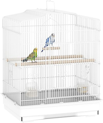 PawHut Gabbia per Uccelli Portatile con Maniglia, Vassoio Estraibile e 5 Porte, Voliera per Pappagallini con Posatoi in Legno, Altalena e Ciotole per Cibo, 46.5x36x59 cm, Bianco