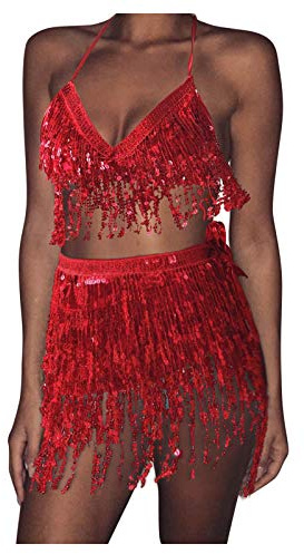 Conjunto Mujer de Top Tirantes y Falda Midi Conjuntos de Lentejuelas para Danza del Vientre Conjuntos de Actuación para Escenarios de Carnaval y Eventos Especiales