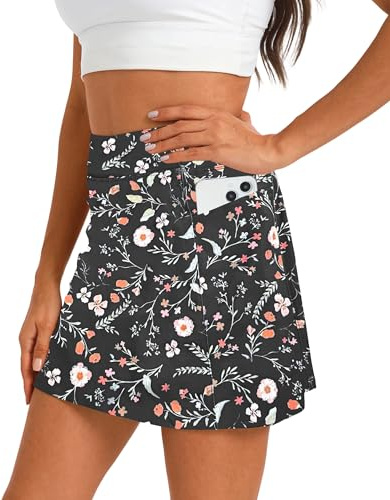 Oyamiki Gonna da tennis da donna, da golf, con pantaloni, a vita alta, estiva, corta, per escursioni, sport all'aria aperta, 4 tasche, Motivo floreale nero, M