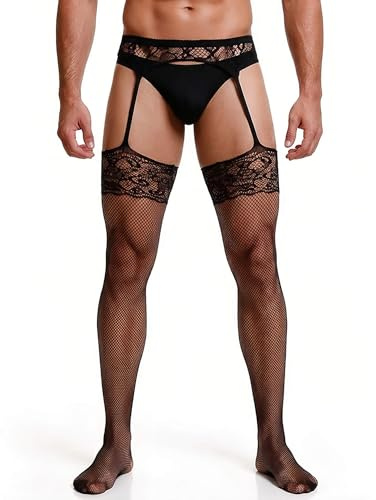 comeondear Collant Sexy Ouvert Entrejambe Homme Grande Taille Collant avec Jarretelle 20DEN Resille Bas pour Porte-Jarretelles Chaussettes Bas Hauts de Cuisse en Boîte Noir,3XL-5XL