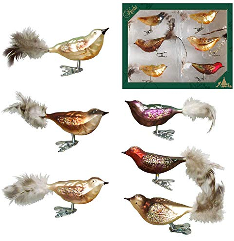 Dekohelden24 Lauschaer Christbaumschmuck - 6er Set Multicolor Waldvögel auf Clip, ca. 11 cm.