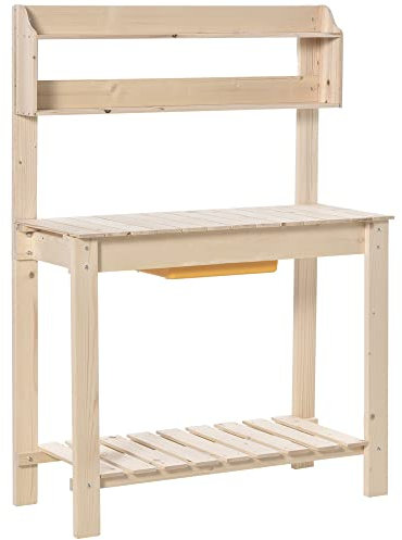 Outsunny Garden Potting Bench w/Sliding Tabletop, Wooden Workstation w/Dry Sink, Outdoor Workbench Potting Table w/Storage Shelf & Hooks, Natural