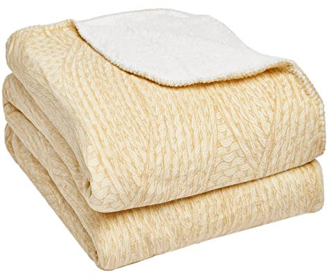 Dreamscene Chunky Knit Print Sherpa Fleece Blanket Plush Flannel Throw Over for Sofa Bed Couch, Cream Ivory - 150 x 180cm