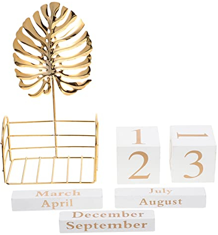 HOMSFOU 1 Set Holzblock Ewiger Schreibtischkalender Desktop Monat Woche Datum Blöcke Tischkalender mit goldenem Blatt Seite für Bauernhaus Zuhause und Büro Dekor