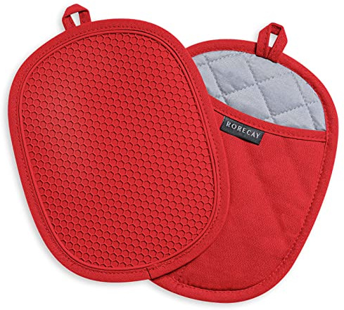 2-Pack Silicone Pot Holders for Kitchen Heat Resistant up to 500°F, Non-Slip Large Hot Pads with Pocket, Quilted Liner Trivets for Countertops Hot Pots and Pans (Red)