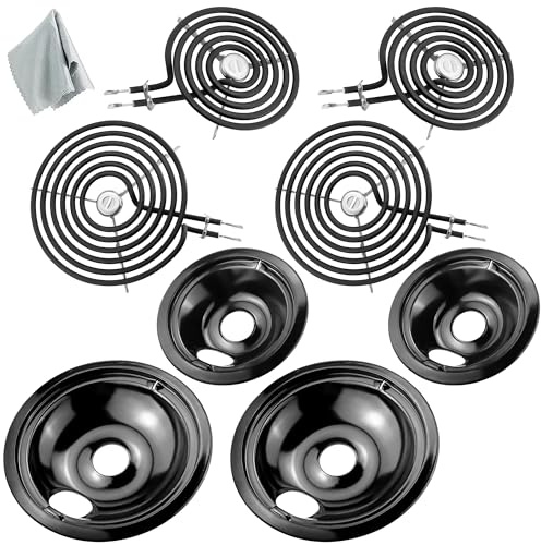 WB31M20 WB31M19 Porcelain Drip Pans and WB30M1 WB30M2 Electric Stove Burners Replacement for G*E Hot*Point Stove Top, Include 4 Pack Black Drip Pans and 4 Pack Electric Stove Element by Fetechmate