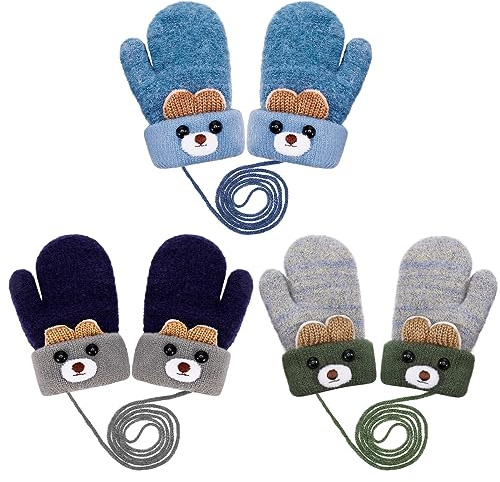 Firtink 3 Paare Baby Winter Handschuhe,Unisex Fäustlinge für 0-3 Jahre, Kleinkind Gestrickte Handschuhe Cartoon Fausthandschuh Warme Fäustlinge