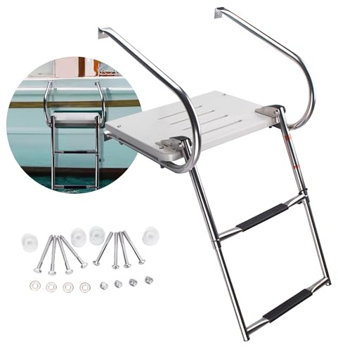2-Step Boat Ladder with Swim Platform,Stainless Steel Dock Ladder with ABS Swim Platform 2 Handrails,500LBS Telescopic Boarding Ladder Dive Ladder for Pontoon Yacht