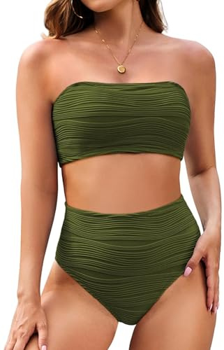 Pink Queen Bathing Suit for Women Tummy Control High Waisted Bikini Set Cheeky Bandeau Swimsuits Avocado S