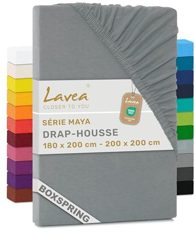 Lavea® Spannbettlaken 180-200x200 cm - für Boxspringbett – Jersey Spannbetttuch mit 40 cm Steghöhe, 100% Baumwolle, weich, atmungsaktiv, pflegeleicht und formstabil – Perfekte Passform - Mittelgrau