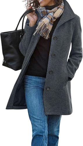 yoeasy Abrigo casual de mezcla de lana gruesa para mujer, cuello alto, botonadura única, abrigo de invierno de longitud media