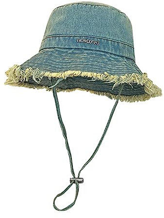 Fischerhut mit ausgefranstem Jeans, mit verstellbarem Kinnseil, UV-Schutz, Fischerhut für Erwachsene und Jugendliche