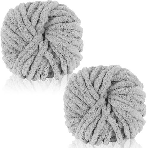 Duscdesp 2 Pack 240g Super Chunky Yarn for Hand Knitting,Thick Wool Yarn,Chenille Chunky Blanket Yarn for Hats Scarf Blankets Cushion Cat Bed(Light Gray)