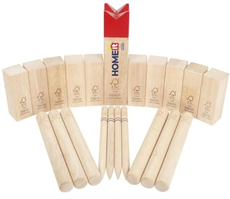 Home It® Wikinger Schach Holz Outdoor | Kubb Wikingerschach Set aus FSC-Gummibaum mit König, 10 Kubbs, 6 Wurfstäben & Markierungspins | Robuster Tragetasche für Garten & Outdoor-Spiele