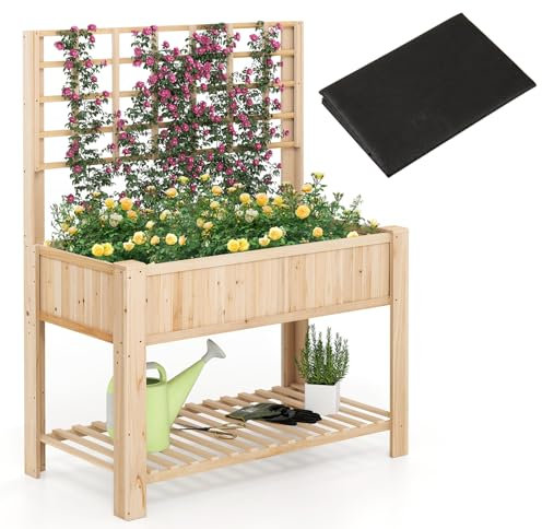 COSTWAY Jardinière Surélevée avec Treillis Métallique, Bac à Plantes Élevé en Bois avec Pieds pour Plante Grimpante Vigne Fleur Herbe Légume Fruit, pour Plante Grimpante Vigne (Naturel)
