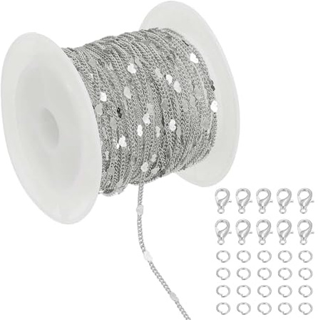 PATIKIL Kedjor för smyckestillverkning, 1 rulle 5 m platta rostfritt stål kedjelänk för kvinnor halsband gör-det-själv hantverk armband örhänge kit gåvor med bindringar och hummerlås, silver