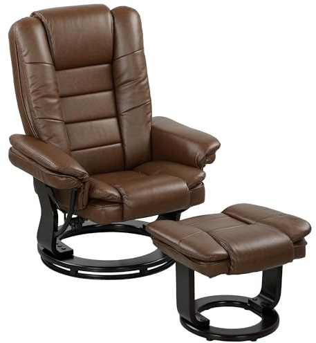 HOMCOM Recliner Chair With footstool, Recliner Armchair up to 130kg Weight Capacity, 135° Reclining Swivel Sofa Chair, PU Leather Ergonomic Couch Bed with Swivel Wood Base for Living Room, Dark Brown