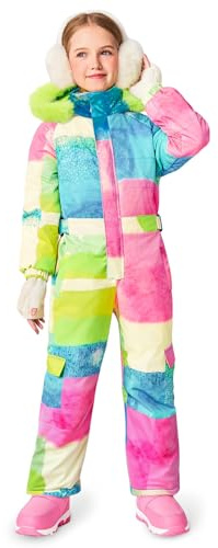 Haloumoning Girls Colorful One Piece Snowsuits Kids Hooded Fleece-Lined Waterproof Ski Suits Coveralls Winter Jumpsuits