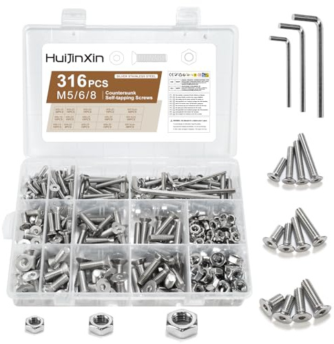 316 Pcs M6 M8 M10 Countersunk Bolts and Nuts Sets, Flat Head Hex Socket Head Cap Screws Assortment Kit, Stainless Steel Countersunk Machine Screws Assorted Nuts and Bolts(Flat top)